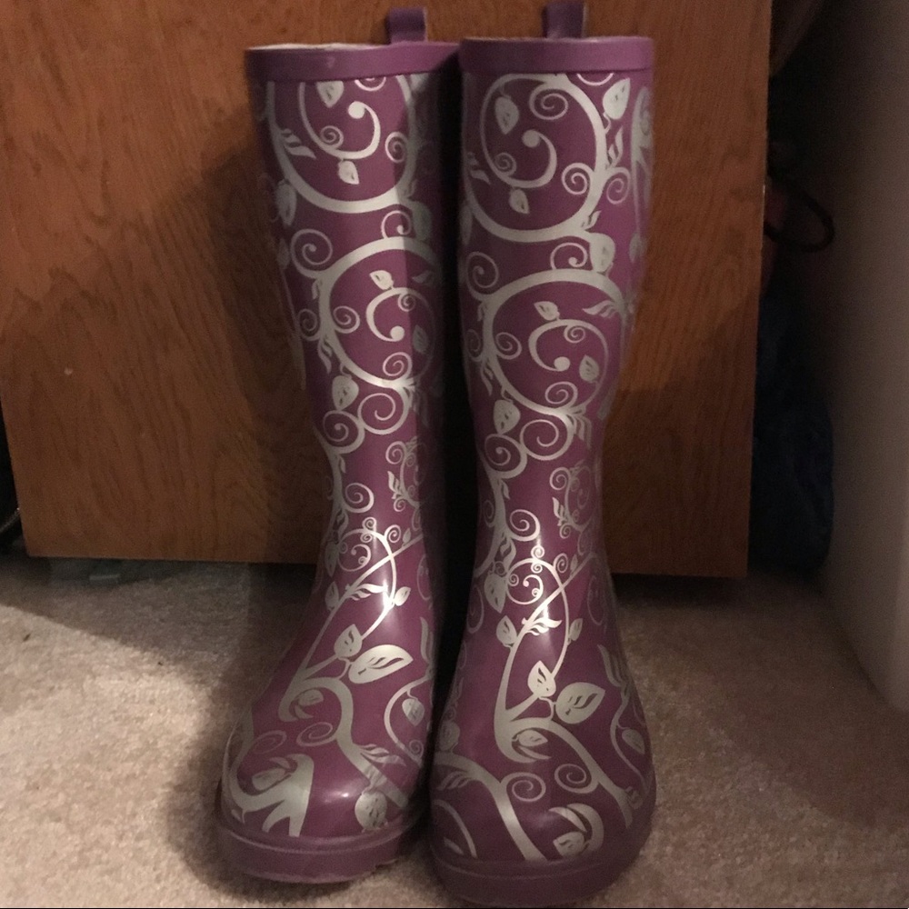 Purple and silver rain boots